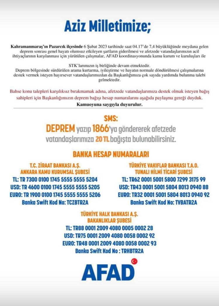 DEPREM BÖLGELERİNE YARDIM YAPMAK İSTEYEN VATANDAŞLARIMIZA DUYURU